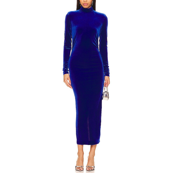 Essentiel Antwerp 'Erita' Blue Velvet Mockneck Midi Dress Size 1 - Picture 1 of 5